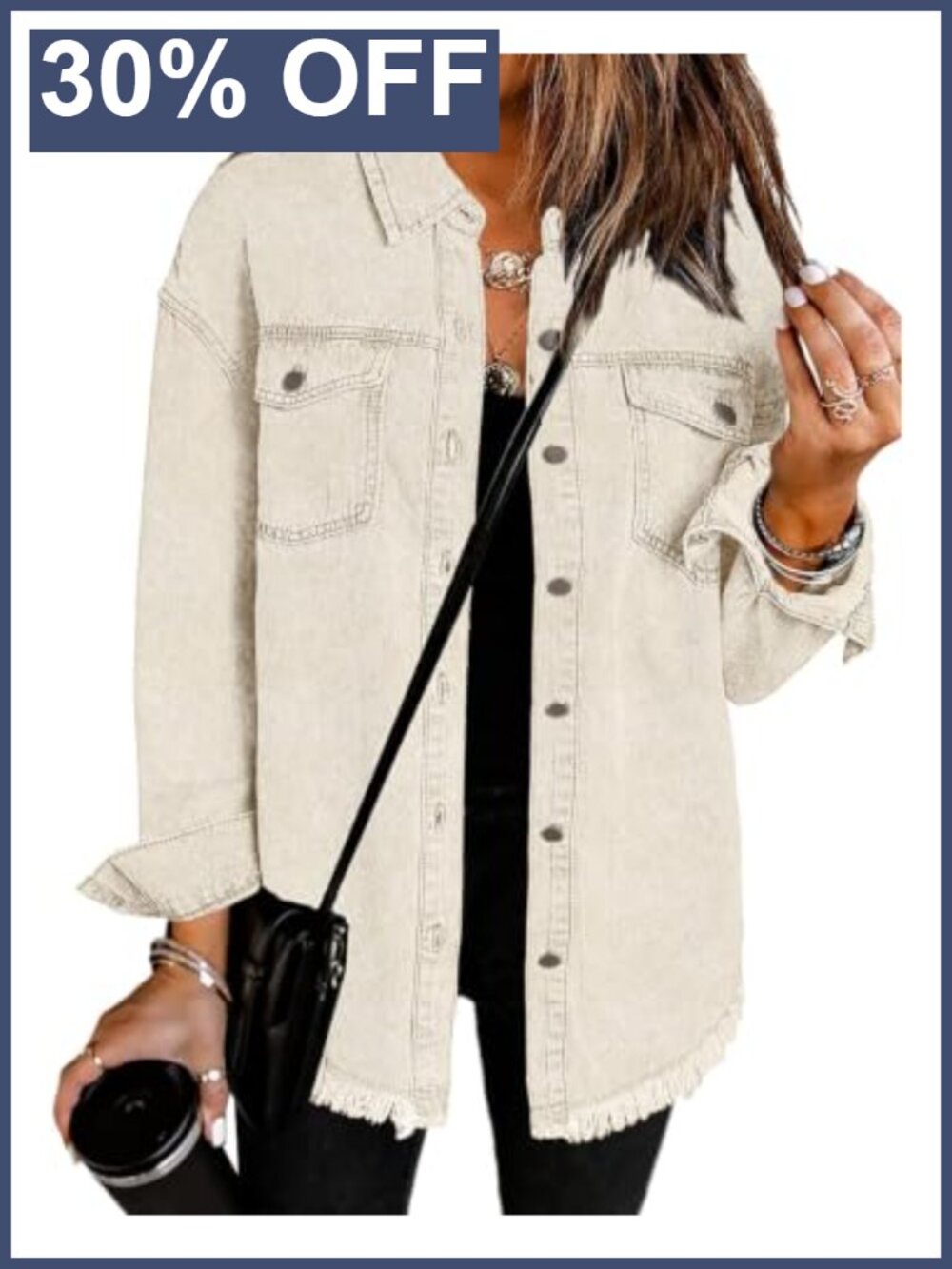 Oversized Button Up Denim Shacket Frayed Hem Jean Jacket